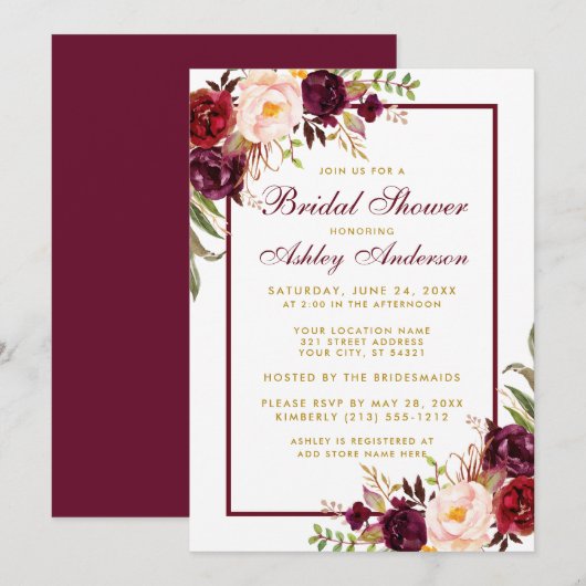 Burgundy Floral Gold Bridal Shower Invitation BF Kaart (Voorkant / Achterkant)