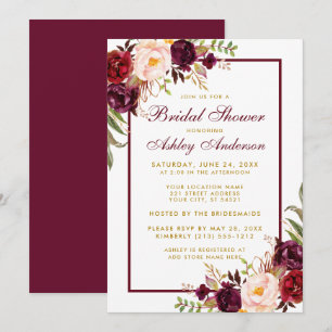 Burgundy Floral Gold Bridal Shower Invitation BF Kaart