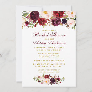 Burgundy Floral Gold Bridal Shower Invitation BW Kaart