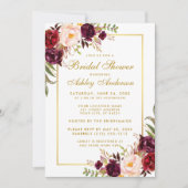 Burgundy Floral Gold Bridal Shower Invitation GB Kaart (Voorkant)