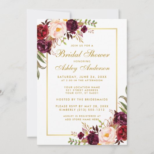 Burgundy Floral Gold Bridal Shower Invitation GB Kaart (Voorkant)