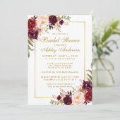 Burgundy Floral Gold Bridal Shower Invitation GB Kaart (Staand voorkant)