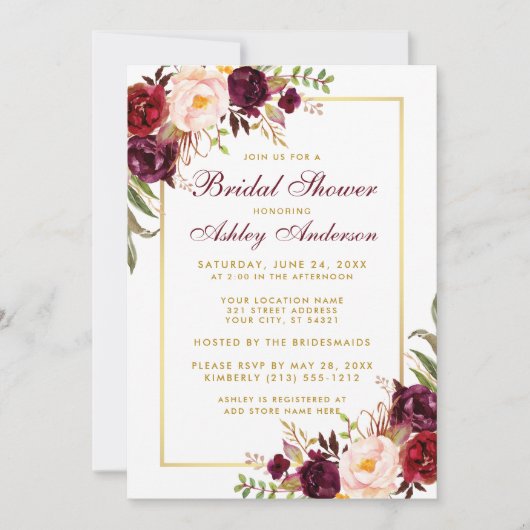Burgundy Floral Gold Bridal Shower Kaart (Voorkant)