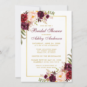 Burgundy Floral Gold Bridal Shower Kaart