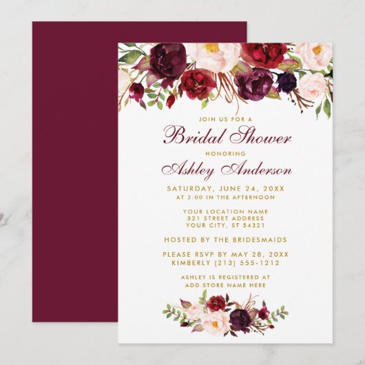Burgundy Floral Gold Bridal Shower - uitnodiging B (Voorkant / Achterkant)