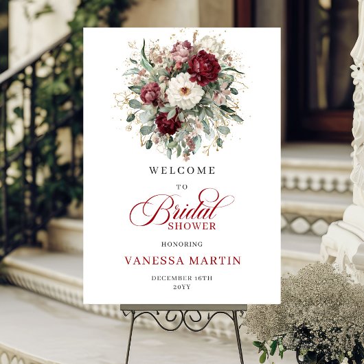Burgundy Floral Gold Bridal Shower Welcome Poster
