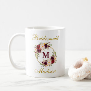 Burgundy Floral Gold Bridesmaid Monogram Koffiemok