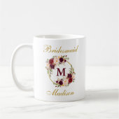 Burgundy Floral Gold Bridesmaid Monogram Koffiemok (Links)