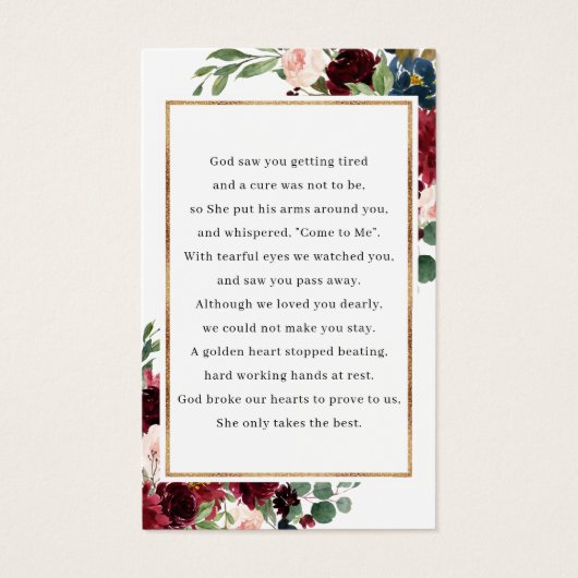 Burgundy Floral Gold Foil Lijst Foto Prayer Kaarte Visitekaartje (Achterkant)