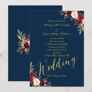 Burgundy Floral Gold Foil Navy Blue Wedding Invite Kaart