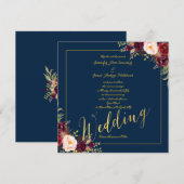 Burgundy Floral Gold Foil Navy Blue Wedding Kaart (Voorkant / Achterkant)