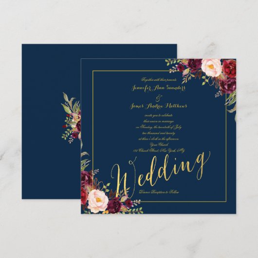 Burgundy Floral Gold Foil Navy Blue Wedding Kaart (Voorkant / Achterkant)