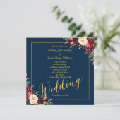 Burgundy Floral Gold Foil Navy Blue Wedding Kaart (Staand voorkant)