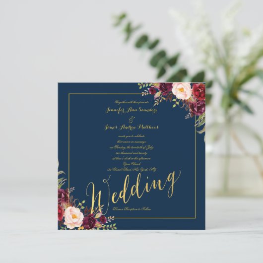 Burgundy Floral Gold Foil Navy Blue Wedding Kaart (Staand voorkant)