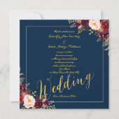 Burgundy Floral Gold Foil Navy Blue Wedding Kaart (Voorkant)