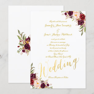 Burgundy Floral Gold Foil Script Weduwen Invite Kaart