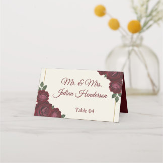 Burgundy Floral & Gold Folded Wedding Place Card Plaatskaartje