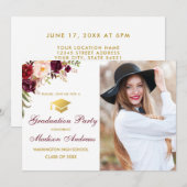 Burgundy Floral Gold Foto Graduite Kaart (Voorkant / Achterkant)