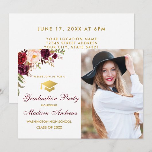 Burgundy Floral Gold Foto Graduite Kaart (Voorkant / Achterkant)