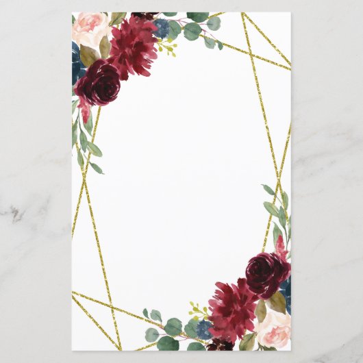 Burgundy Floral Gold Geometric Greenery Menu Kaart (Achterkant)