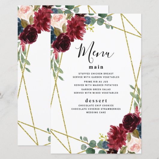 Burgundy Floral Gold Geometric Greenery Menu Kaart (Voorkant / Achterkant)