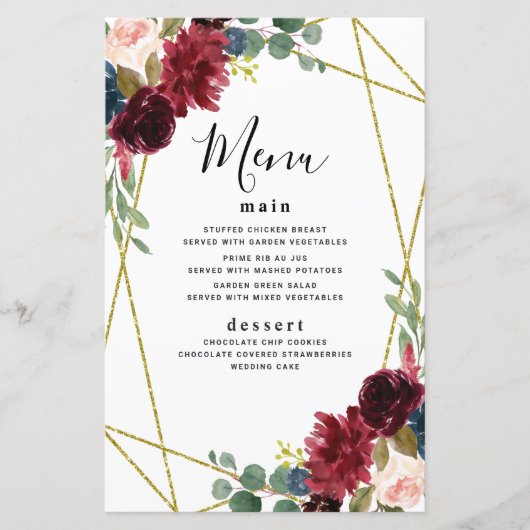 Burgundy Floral Gold Geometric Greenery Menu Kaart (Voorkant)