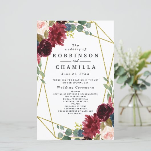 Burgundy Floral Gold Geometric Greenery Programma' (Staand voorkant)