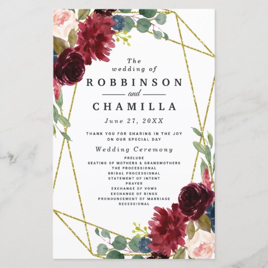 Burgundy Floral Gold Geometric Greenery Programma' (Voorkant)