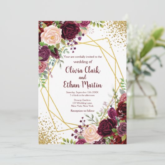 Burgundy Floral Gold Geometric Kaart (Staand voorkant)