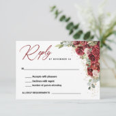 Burgundy Floral Gold Geometric Wedding RSVP Kaartje (Staand voorkant)