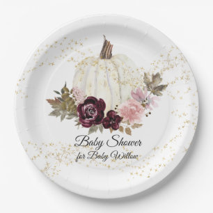 Burgundy Floral Gold Glitter Baby shower Pumpkin Papieren Bordje