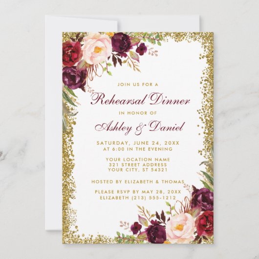 Burgundy Floral Gold Glitter Rehearsal Dinner Kaart (Voorkant)