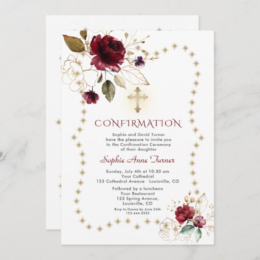 Burgundy Floral Gold Glitter Sparkles Bevestiging Kaart (Voorkant / Achterkant)