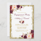 Burgundy Floral Gold Glitter Verloving Invite Kaart (Voorkant)