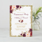 Burgundy Floral Gold Glitter Verloving Invite Kaart (Staand voorkant)