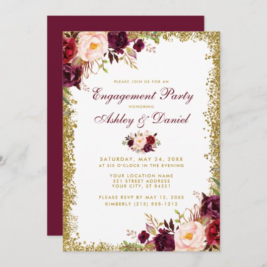 Burgundy Floral Gold Glitter Verloving Invite Kaart (Voorkant / Achterkant)