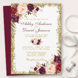 Burgundy Floral Gold Glitter Wedding Invitation B Kaart