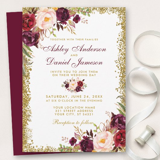 Burgundy Floral Gold Glitter Wedding Invitation B Kaart