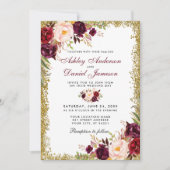 Burgundy Floral Gold Glitter Wedding Invitation GB Kaart (Voorkant)