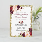 Burgundy Floral Gold Glitter Wedding Invitation GB Kaart (Staand voorkant)