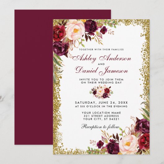 Burgundy Floral Gold Glitter Wedding Invitation GB Kaart (Voorkant / Achterkant)
