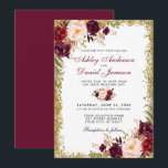 Burgundy Floral Gold Glitter Wedding Invitation GB Kaart<br><div class="desc">Elegant Bourgogne Waterverf Floral en Gold Glitter Wedding Invitation - Bourgogne Manuscript - Bourgogne Terug</div>