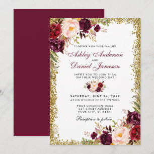 Burgundy Floral Gold Glitter Wedding Invitation GB Kaart