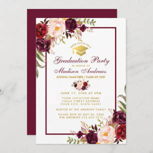 Burgundy Floral Gold Graduation Party Invitation B Kaart