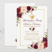 Burgundy Floral Gold Graduation Party Invitation G Kaart (Voorkant / Achterkant)