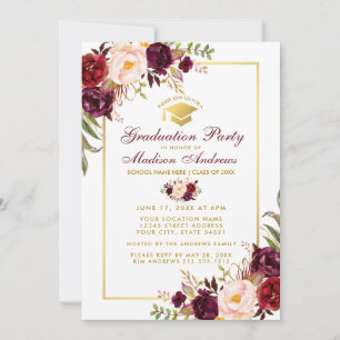 Burgundy Floral Gold Graduation Party Invitation G Kaart