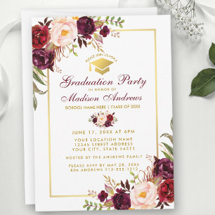 Burgundy Floral Gold Graduation Party Invitation G Kaart