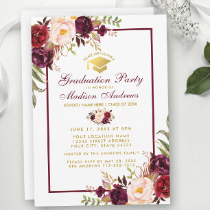 Burgundy Floral Gold Graduation Party Invitation Kaart