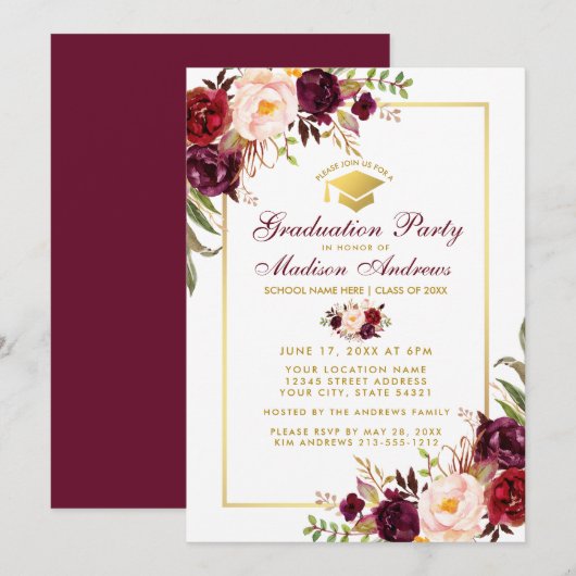 Burgundy Floral Gold Graduation Party Invite BG Kaart (Voorkant / Achterkant)