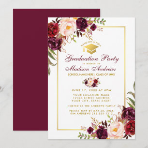 Burgundy Floral Gold Graduation Party Invite BG Kaart